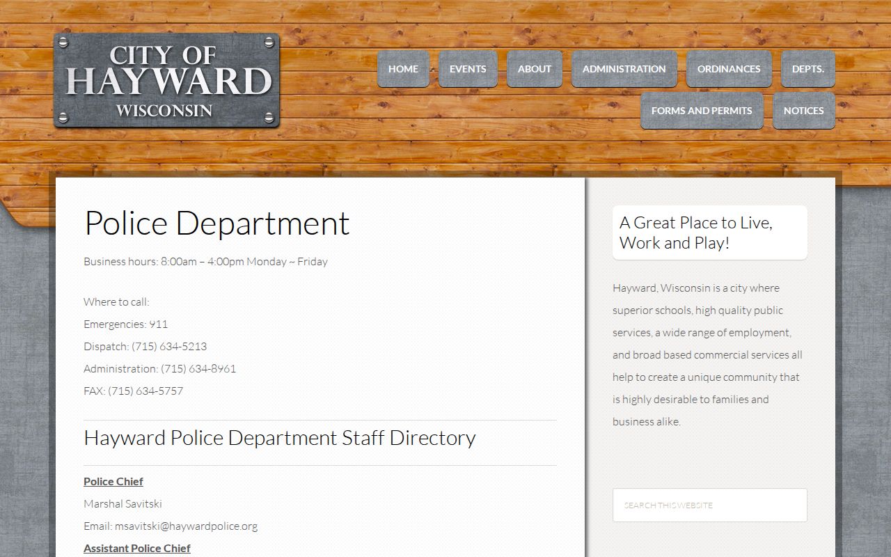 City of Hayward Police Department official records and contact page in Wisconsin