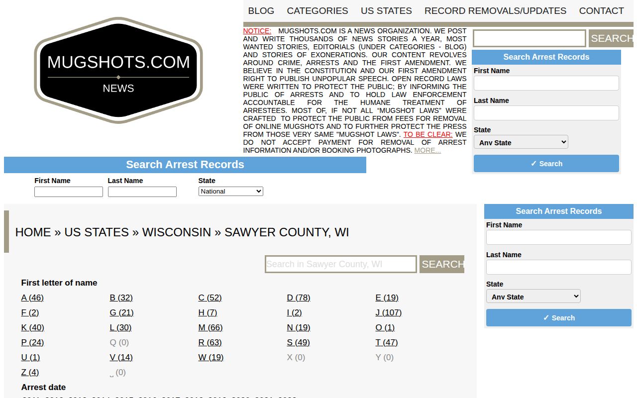 Mugshots.com Sawyer County landing page shown as a historical commercial publisher page