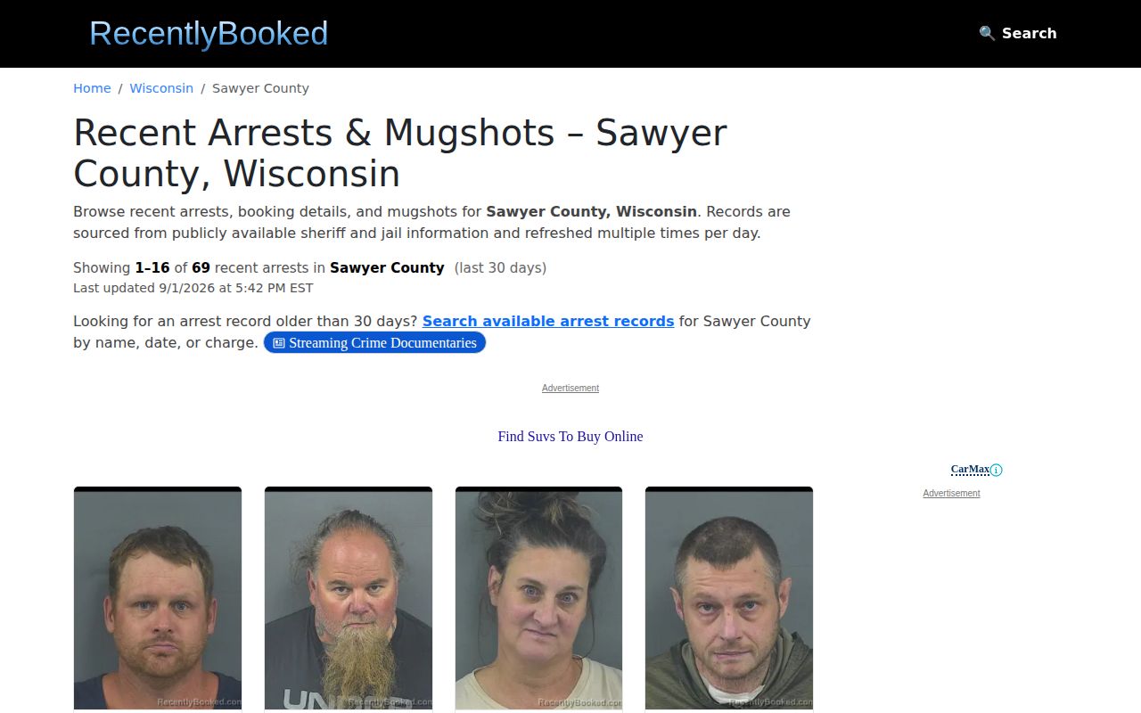 RecentlyBooked Sawyer County landing page shown as an unofficial county-local publisher page