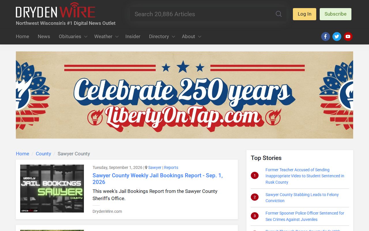 DrydenWire Sawyer County page showing a county-filtered local reporting inventory