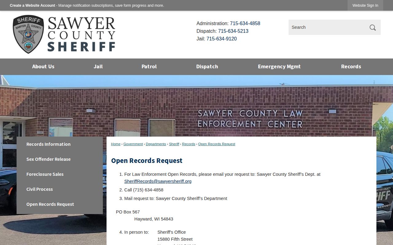 Sawyer County booking record request route