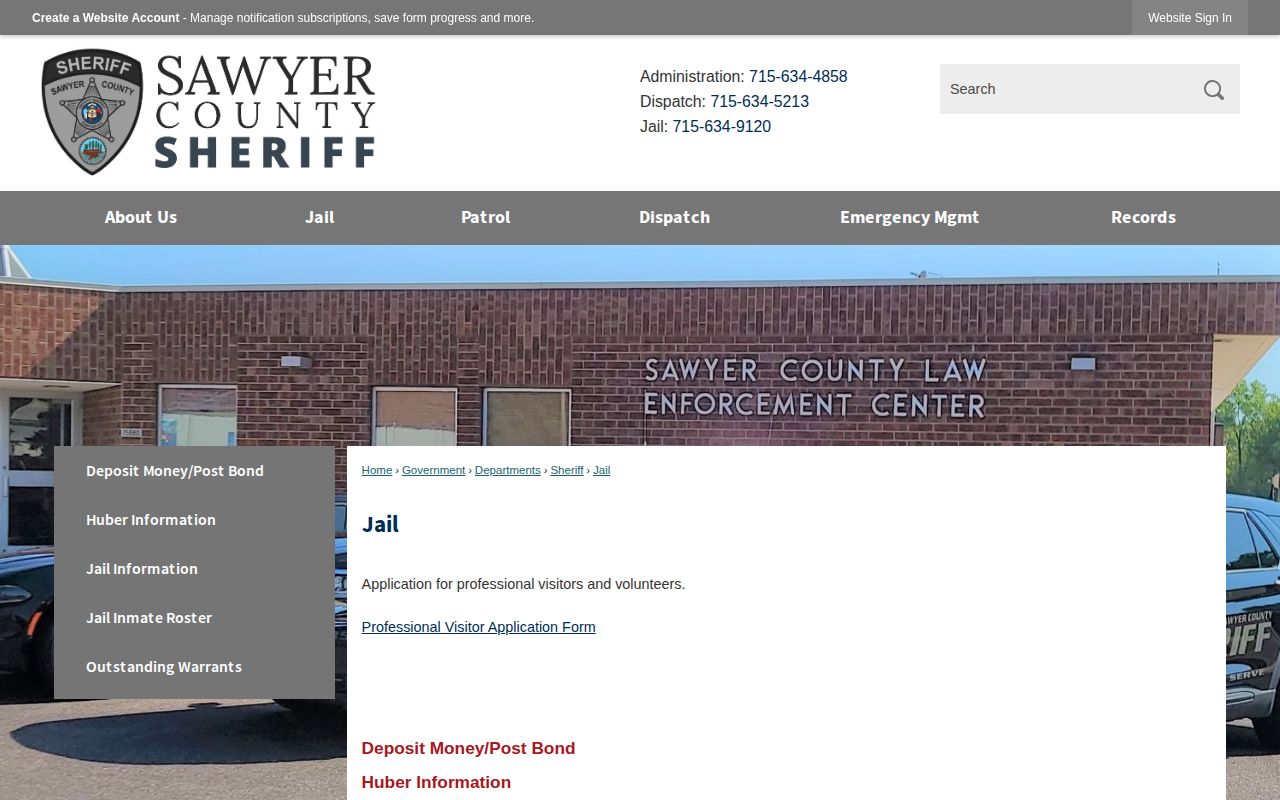 Sawyer County Jail current custody and booking record links