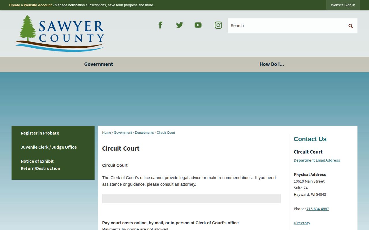Sawyer County Circuit Court page showing the official Clerk and court-information route