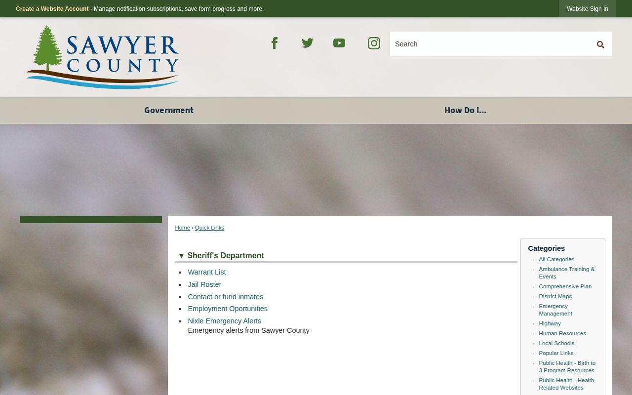 Sawyer County Sheriff quick-links page with public resource navigation