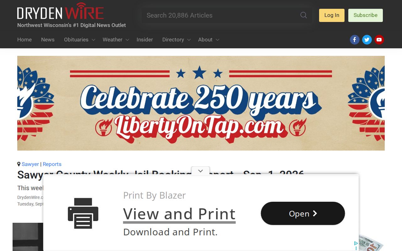 DrydenWire weekly Sawyer County jail bookings report in a text and table format