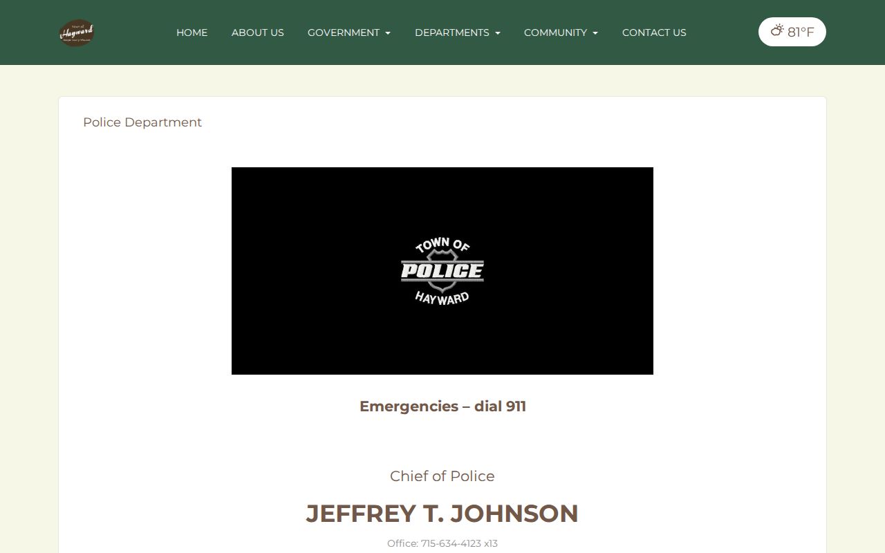 Town of Hayward Police Department official contact page in Wisconsin